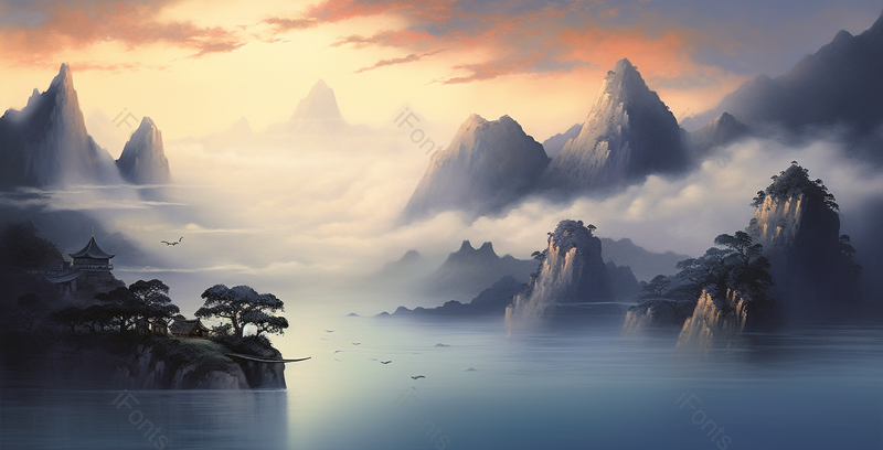 朝阳早晨山川湖泊景色自然意境中国山水国风水墨画背景,插画/手绘图,插画/手绘图库,插画/手绘图下载,插画/手绘